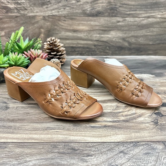 NIB Miz Mooz Briar 38 7.5-8 Whipstitch Leather Heeled Slide Sandal Brandy Brown - Picture 4 of 12